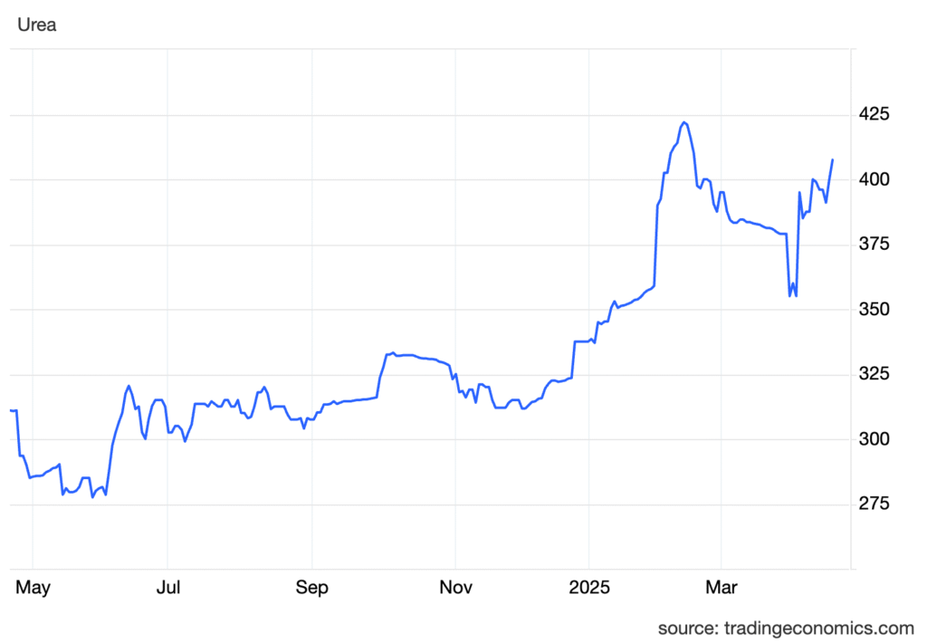 Urea increased 70 USD/T or 20.74% since the beginning of 2025