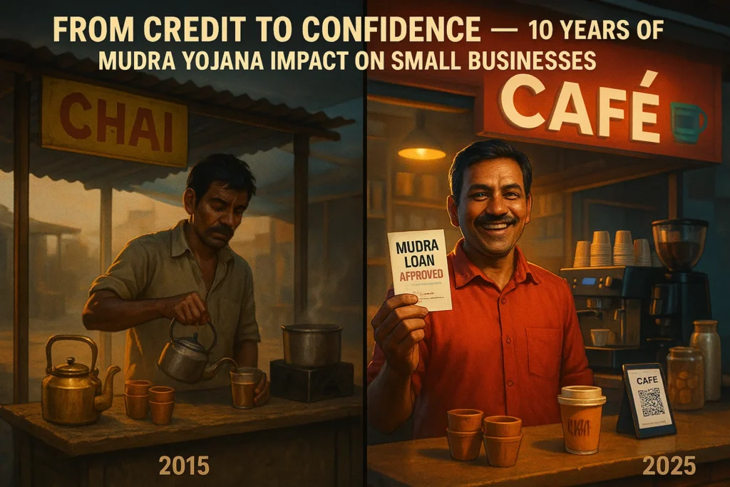 Before and after image of a small business growing with Mudra Yojana support — chai stall in 2015, café in 2025.