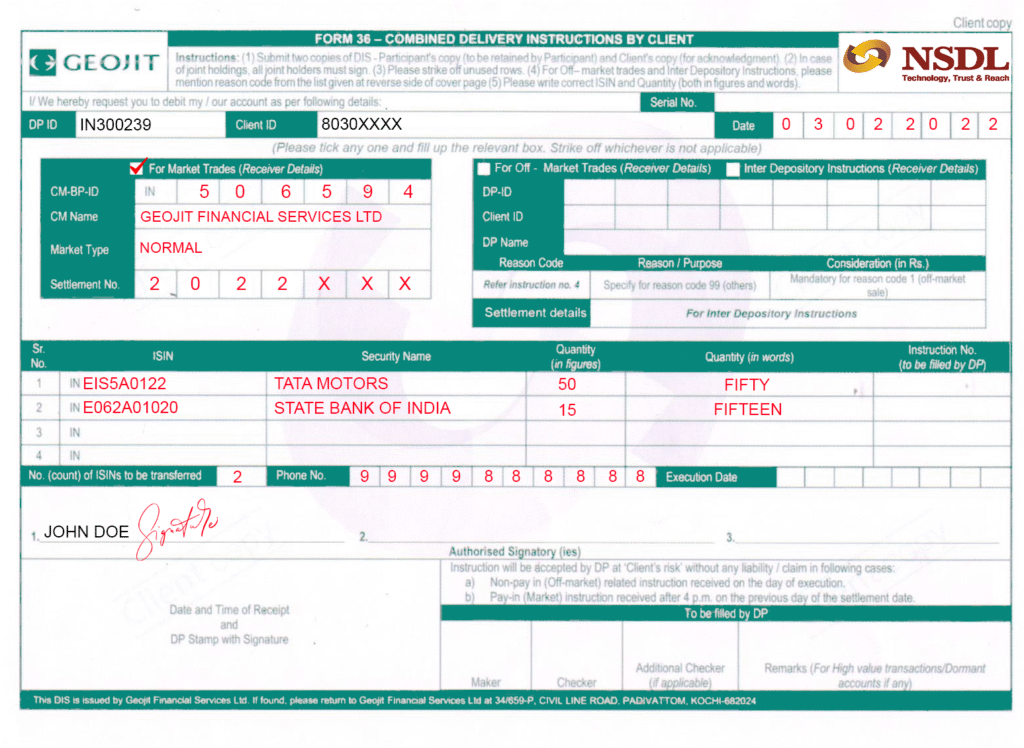 Delivery Instruction Slip (DIS)