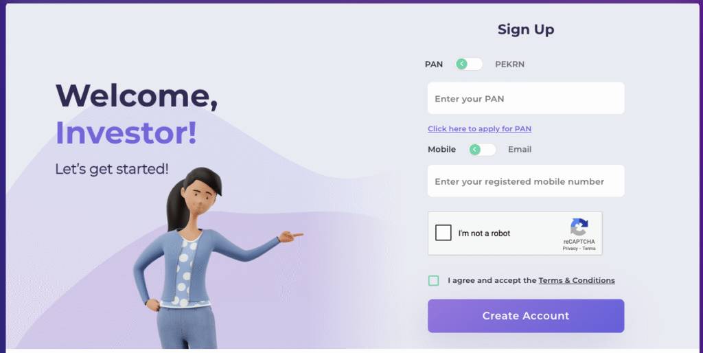 Sign-Up Form with PAN & Mobile Entry- how to track all mutual fund investments using PAN